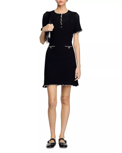 simona hollow knit Mini dress in black