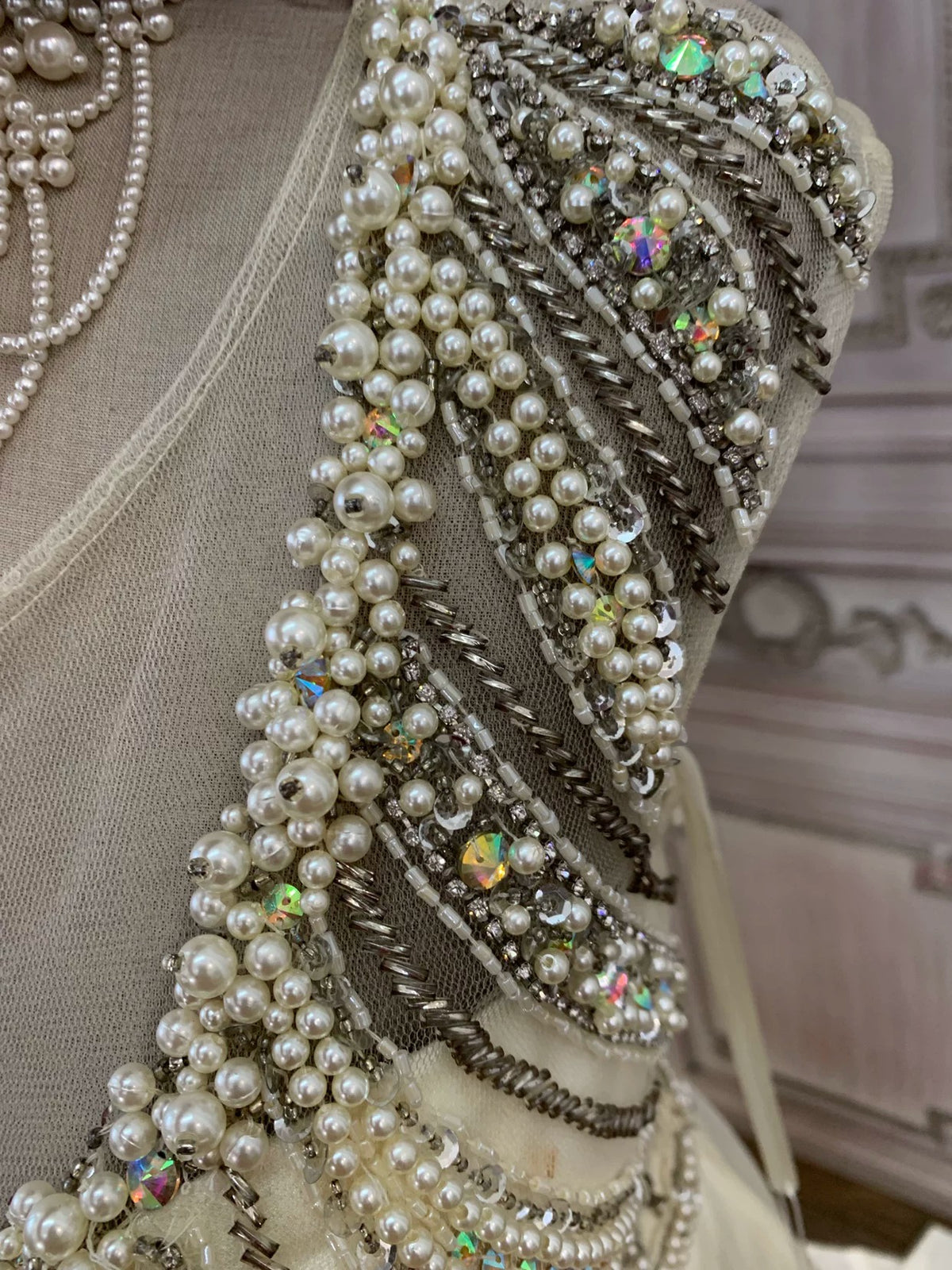 Ivory Crepe Mermaid Gown with Beaded Bodice