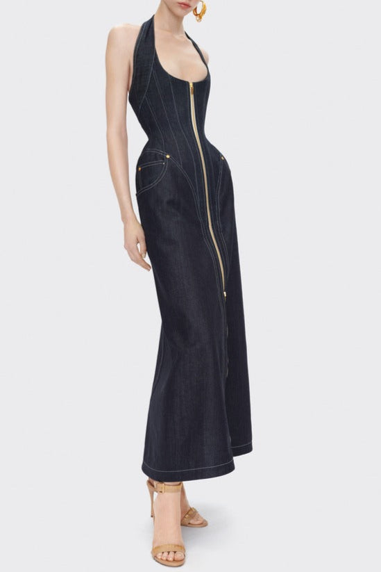 haltered corseted midi dress denim in navy blue