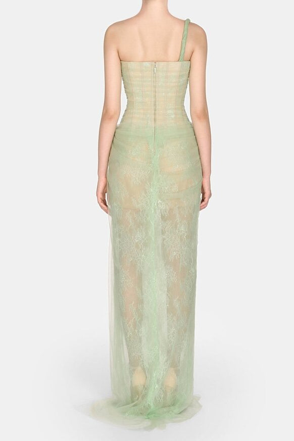 mandy one-shoulder lace tulle maxi dress in mint