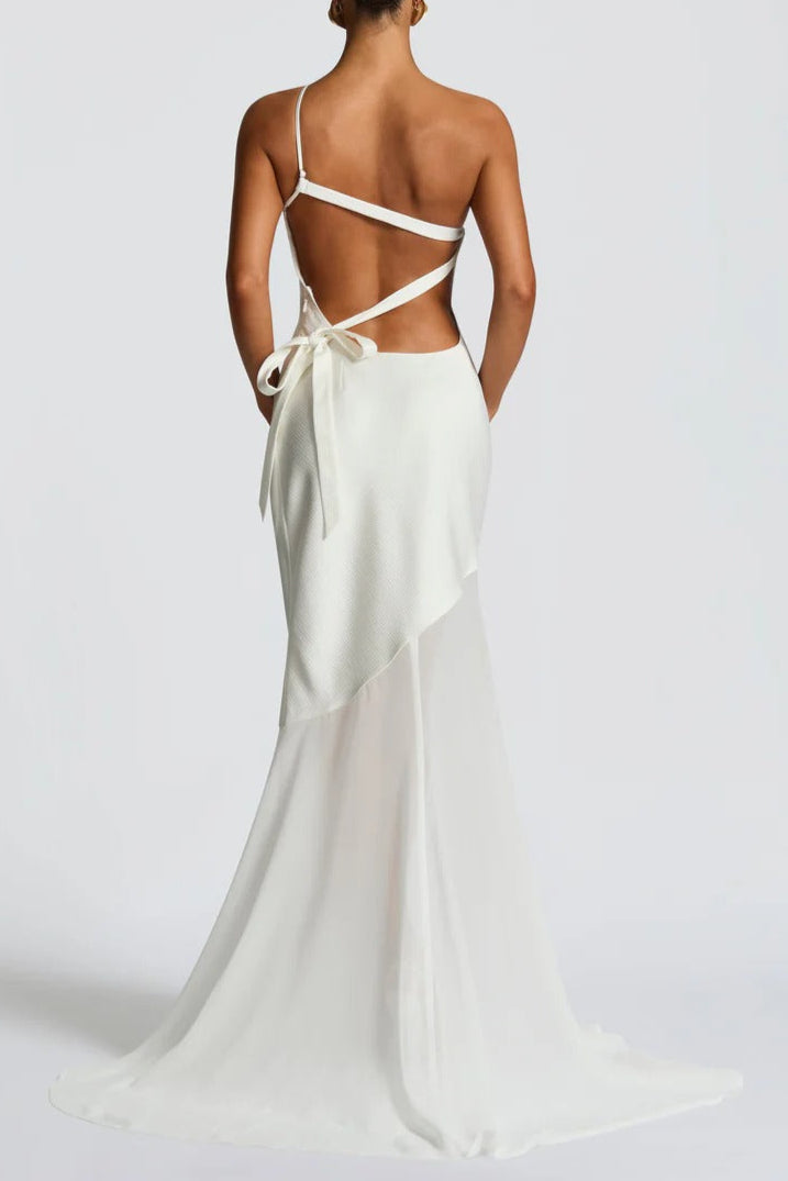 Lace-up beveled back satin maxi dress in ivory