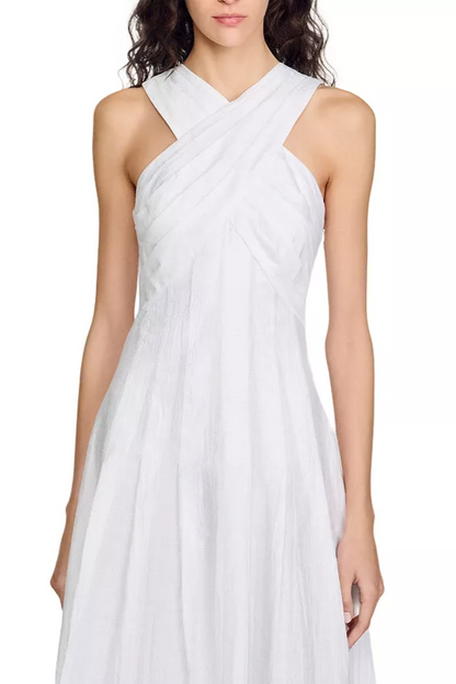 High crossover V-neck pleated maxi dress in white