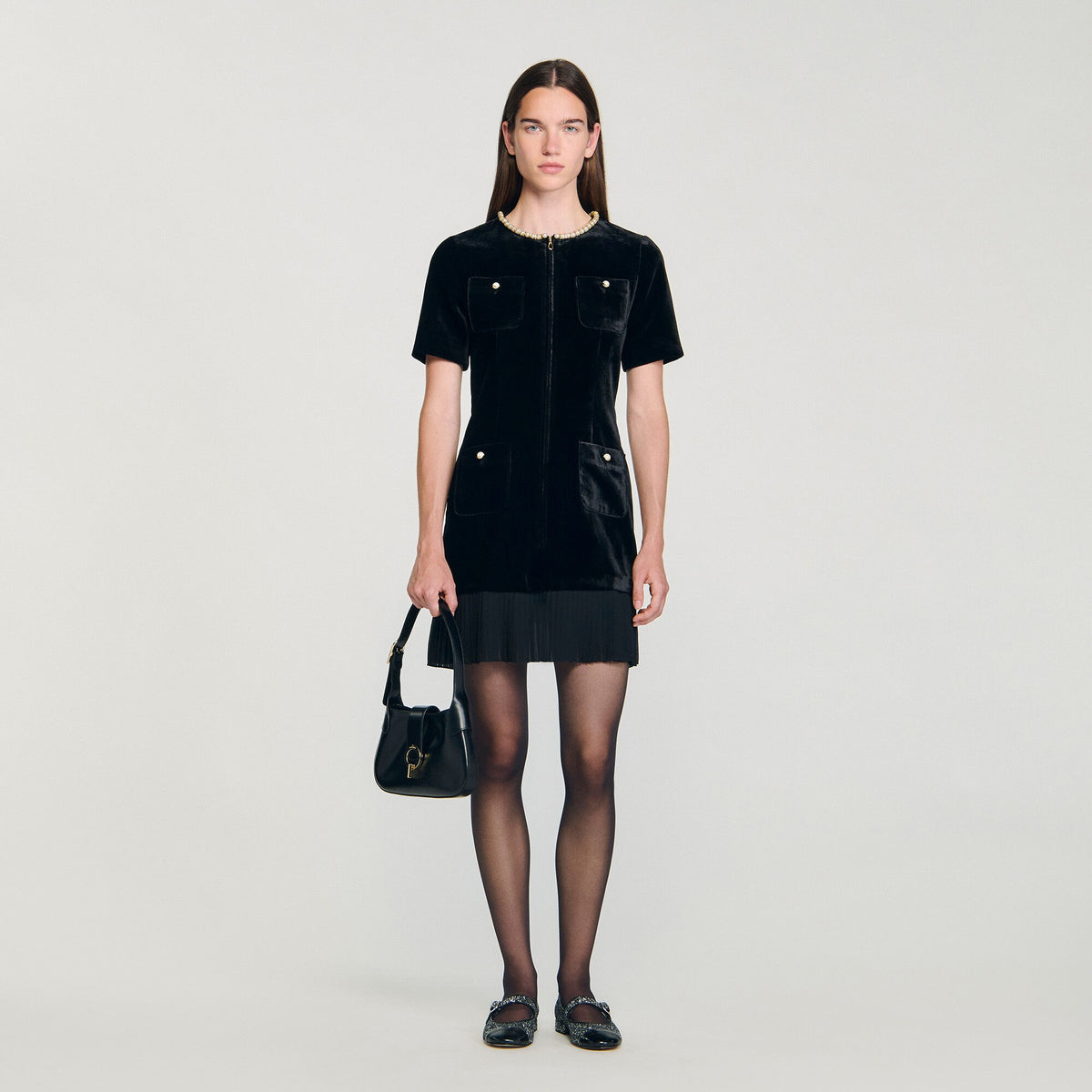 Pearl-trimmed collar zipper velvet pleated dress in black