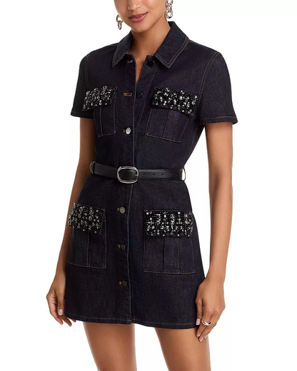 miriam Denim Crystal Trim Mini Dress in black
