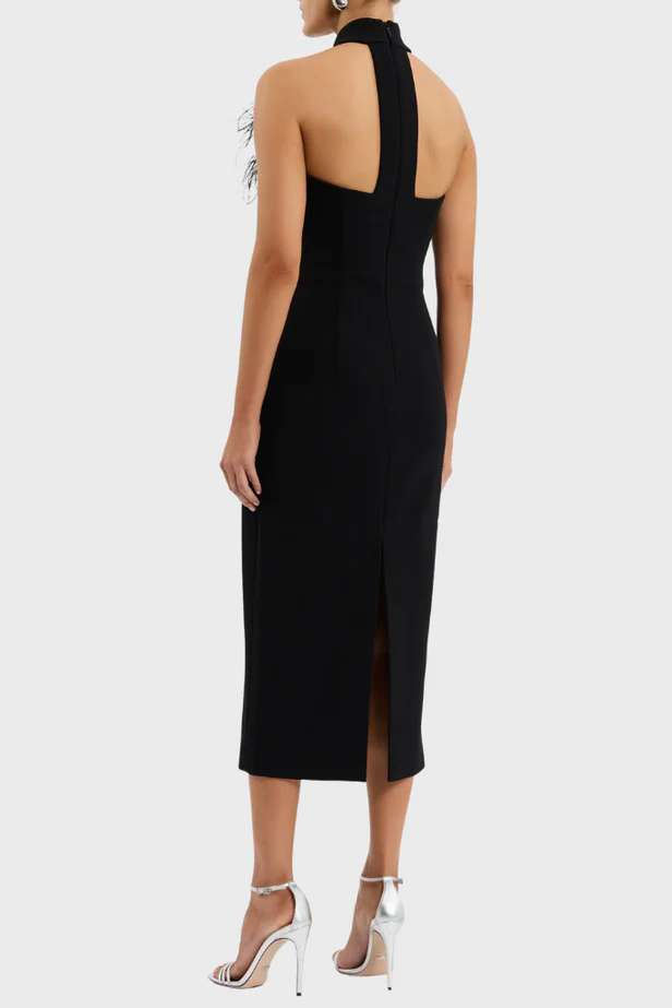 beatrice flower rhinestone feather halter Midi Dress in Black