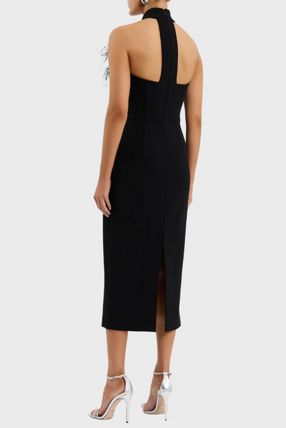 beatrice flower rhinestone feather halter Midi Dress in Black