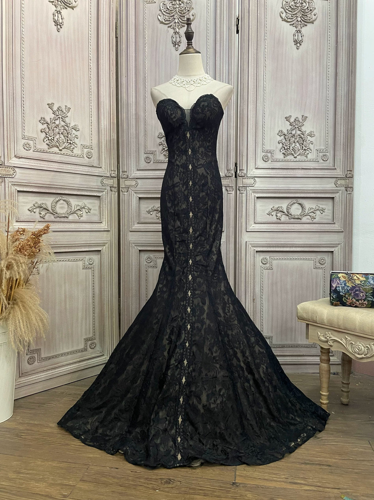 Black Lace Mermaid Gown with Sheer Plunge Detail
