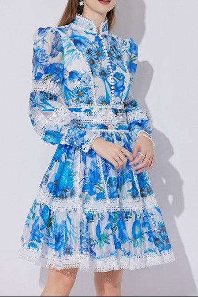 sabrina Lace-paneled printed lantern sleeves mini dress in blue