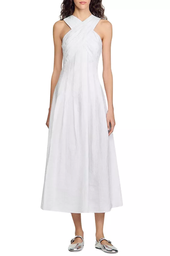 High crossover V-neck pleated maxi dress in white