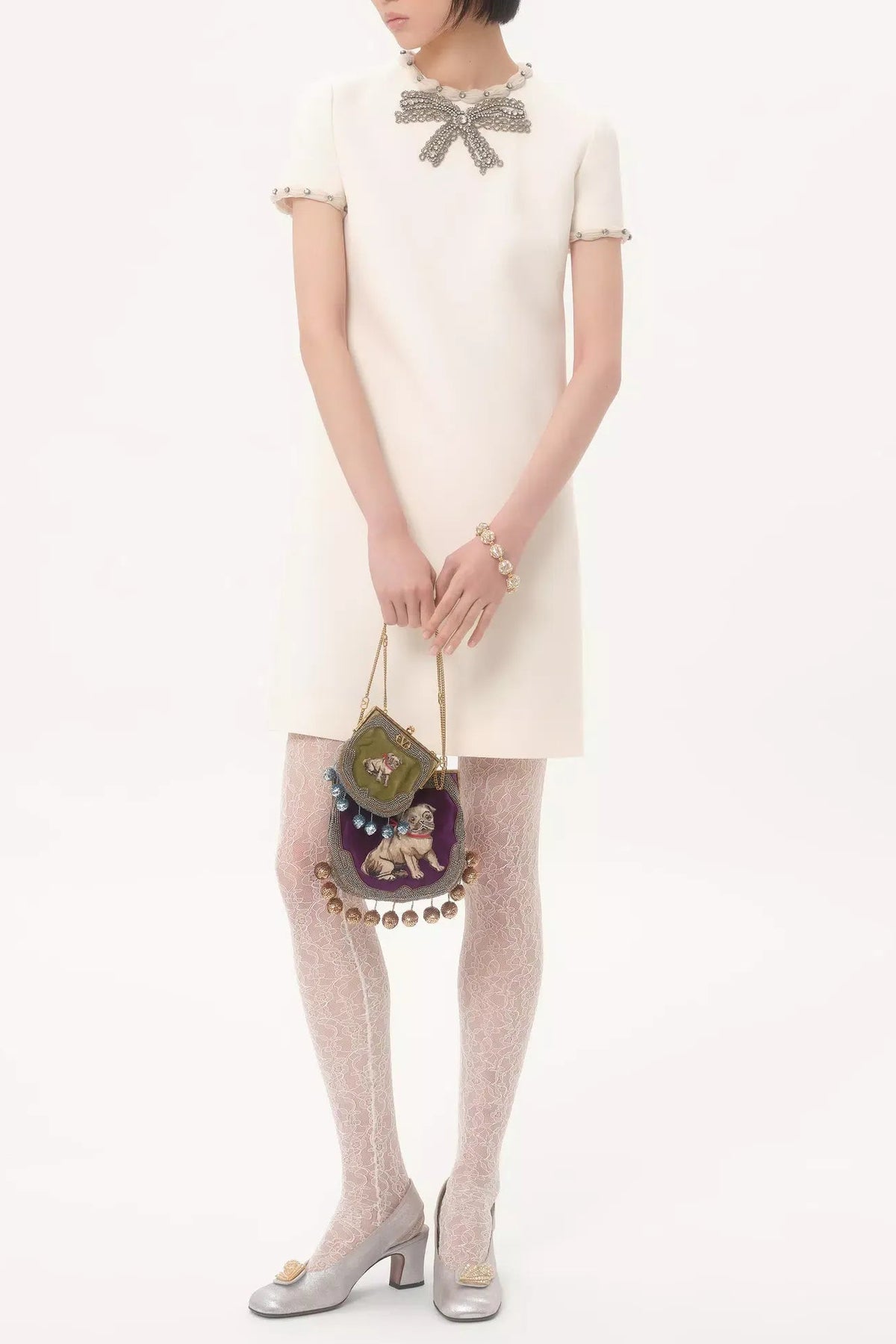 jocelyn rhinestone Embroidered Crepe mini Dress in ivory