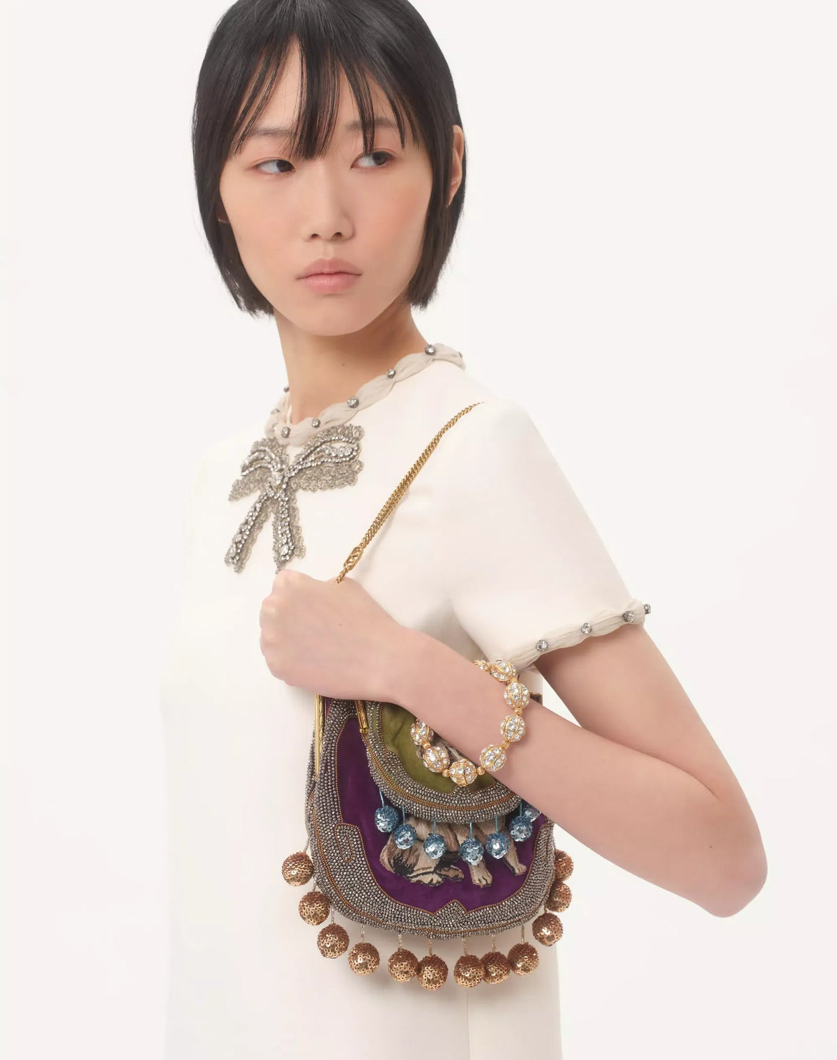 jocelyn rhinestone Embroidered Crepe mini Dress in ivory