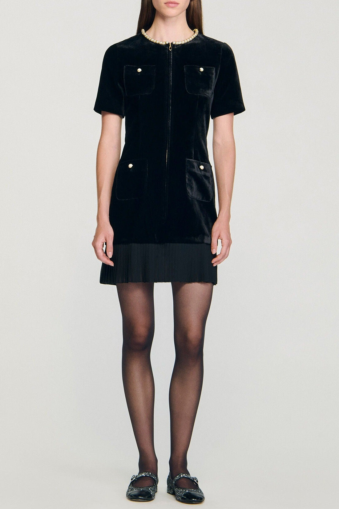 Pearl-trimmed collar zipper velvet pleated dress in black