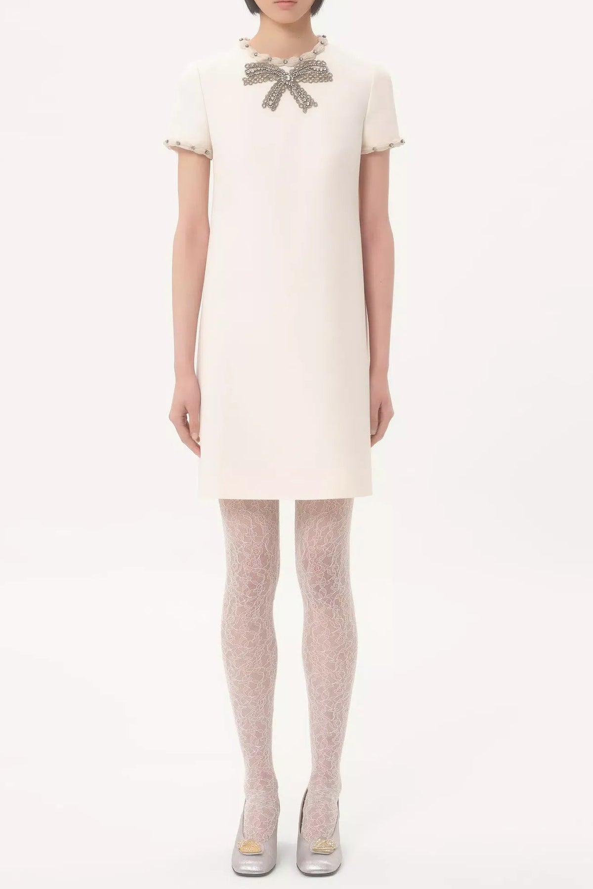 jocelyn rhinestone Embroidered Crepe mini Dress in ivory