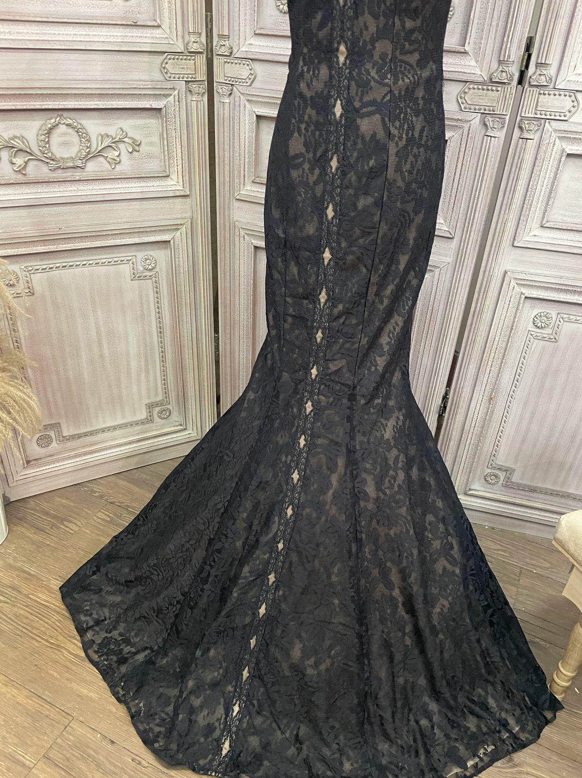 Black Lace Mermaid Gown with Sheer Plunge Detail