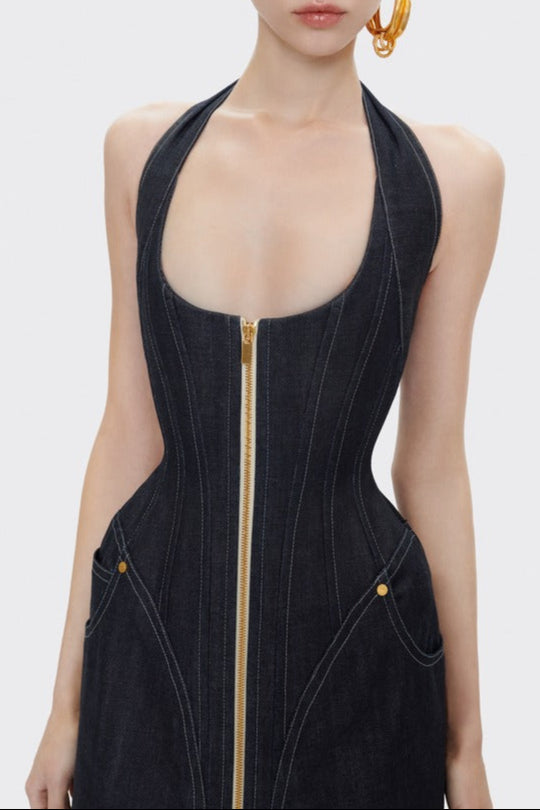 haltered corseted midi dress denim in navy blue