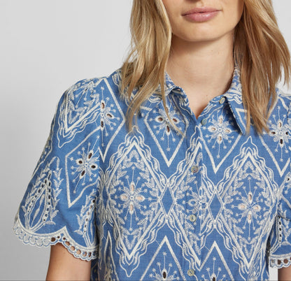 Blue & White Embroidered Puff Sleeve Lace Blouse