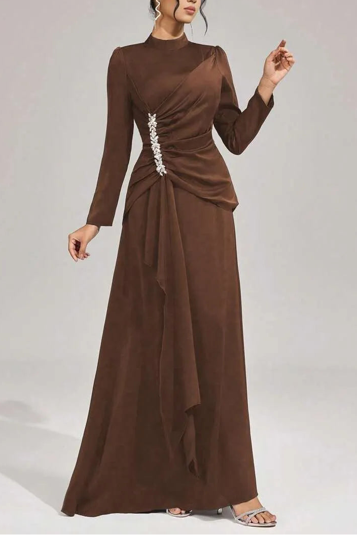 beulah Long sleeves with beading pleated maxi dress in brown