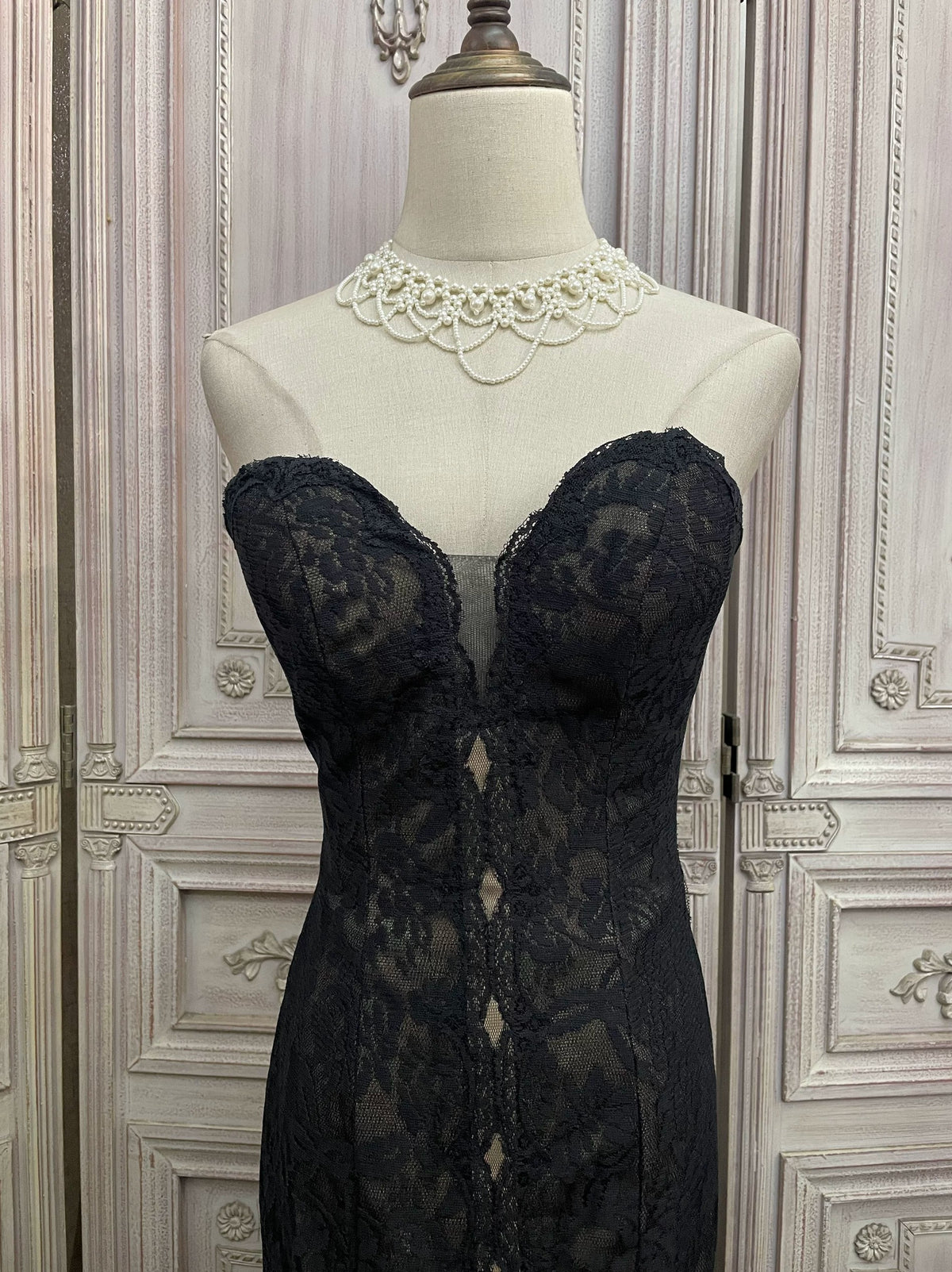 Black Lace Mermaid Gown with Sheer Plunge Detail