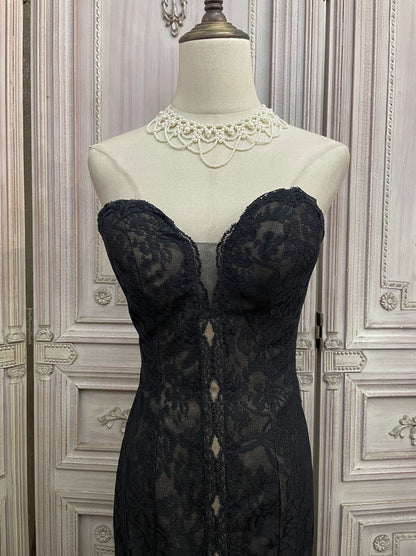 Black Lace Mermaid Gown with Sheer Plunge Detail