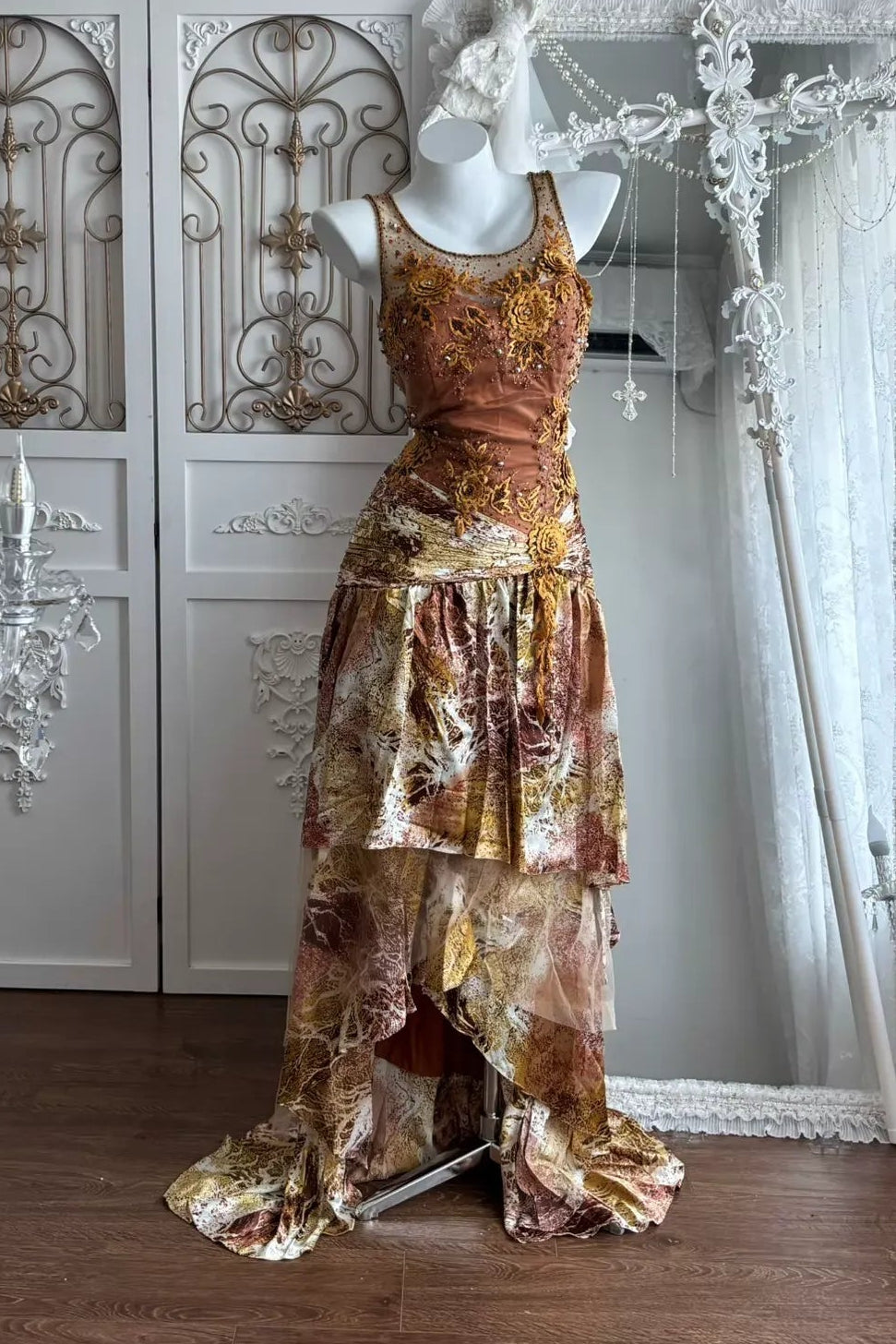 Brown Silk Blend Asymmetric Tiered Gown Dress