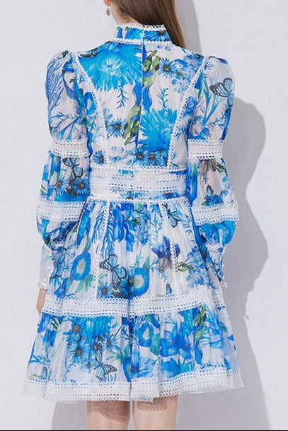 sabrina Lace-paneled printed lantern sleeves mini dress in blue