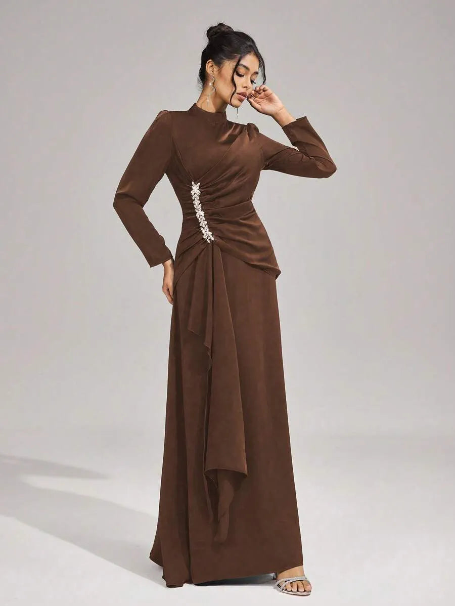 beulah Long sleeves with beading pleated maxi dress in brown