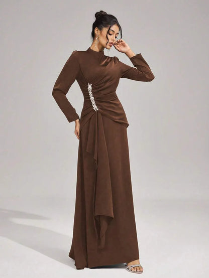 beulah Long sleeves with beading pleated maxi dress in brown
