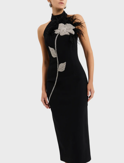 beatrice flower rhinestone feather halter Midi Dress in Black