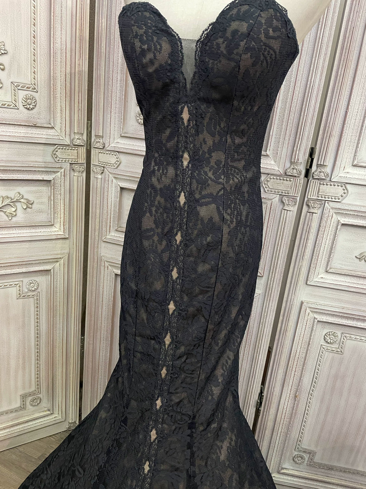 Black Lace Mermaid Gown with Sheer Plunge Detail