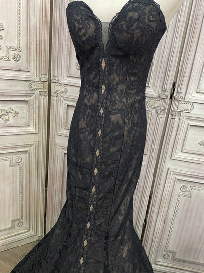 Black Lace Mermaid Gown with Sheer Plunge Detail