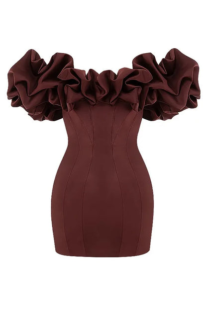 burgundy satin ruffle strapless mini dress