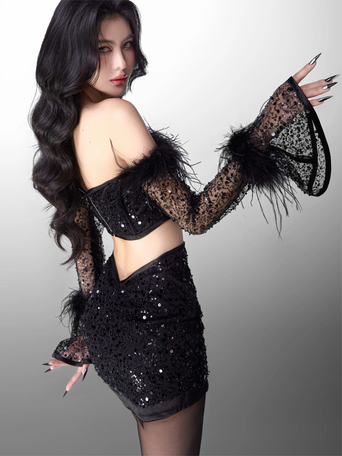 black Off-shoulder top Short mesh skirt Set