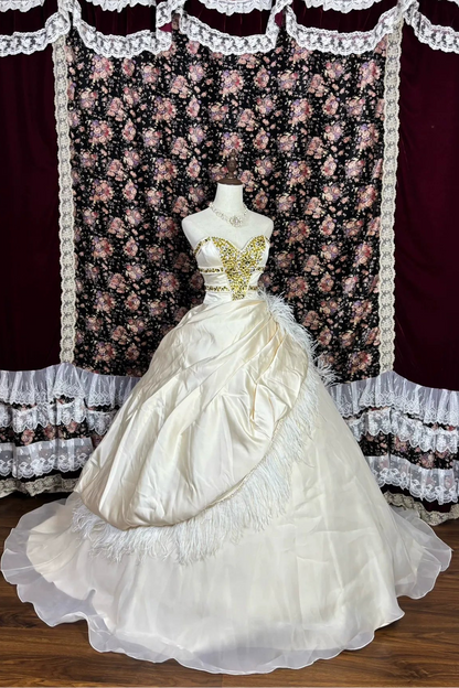 Cream Satin Ballgown Gown with Rhinestone Bodice and Feather Trim