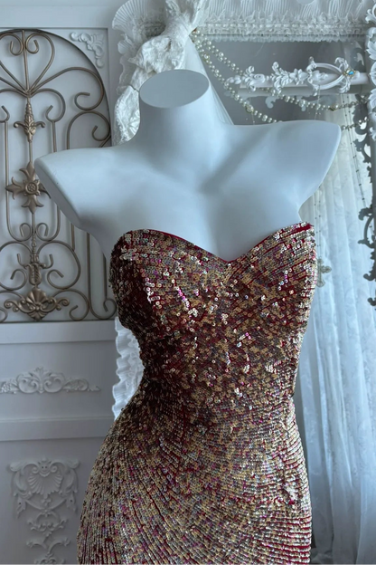 Red and Gold Sequined Mesh Column Gown
