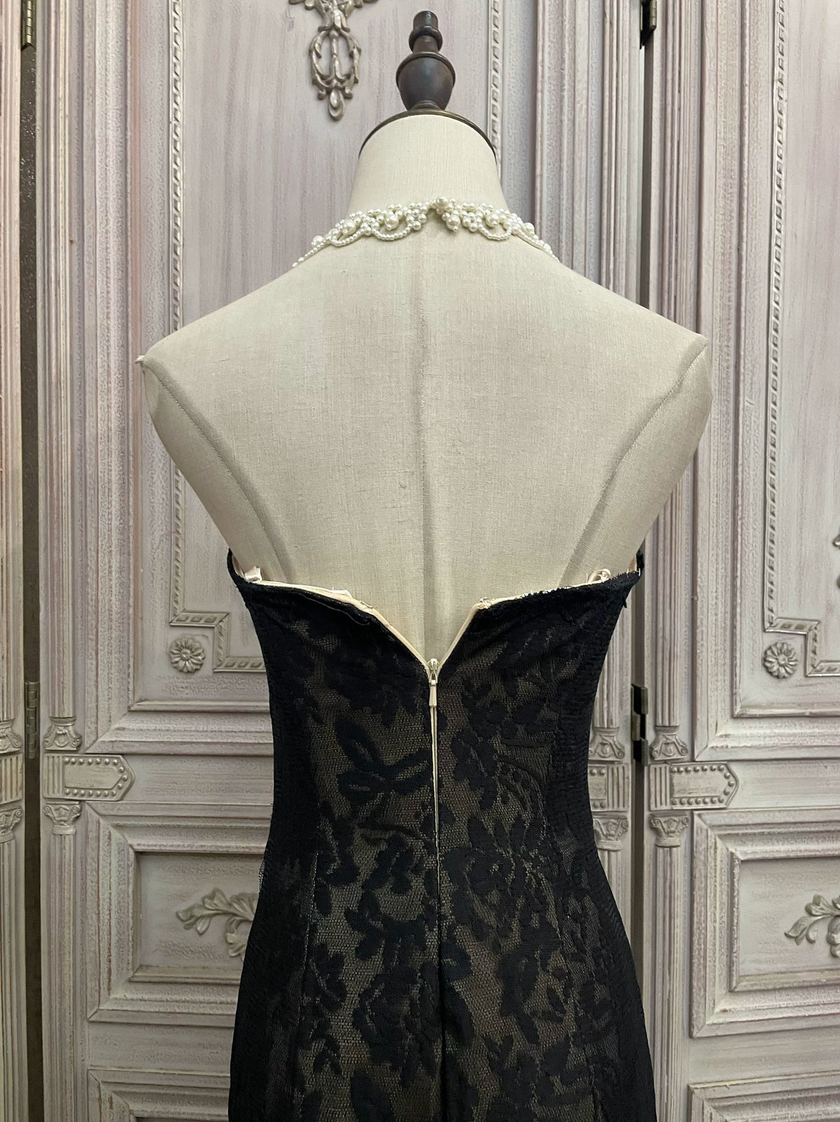 Black Lace Mermaid Gown with Sheer Plunge Detail