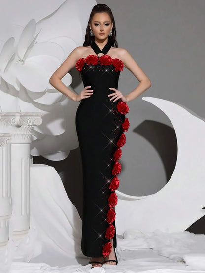 sebastiane Halterneck Flower Bandage Maxi Dress in black