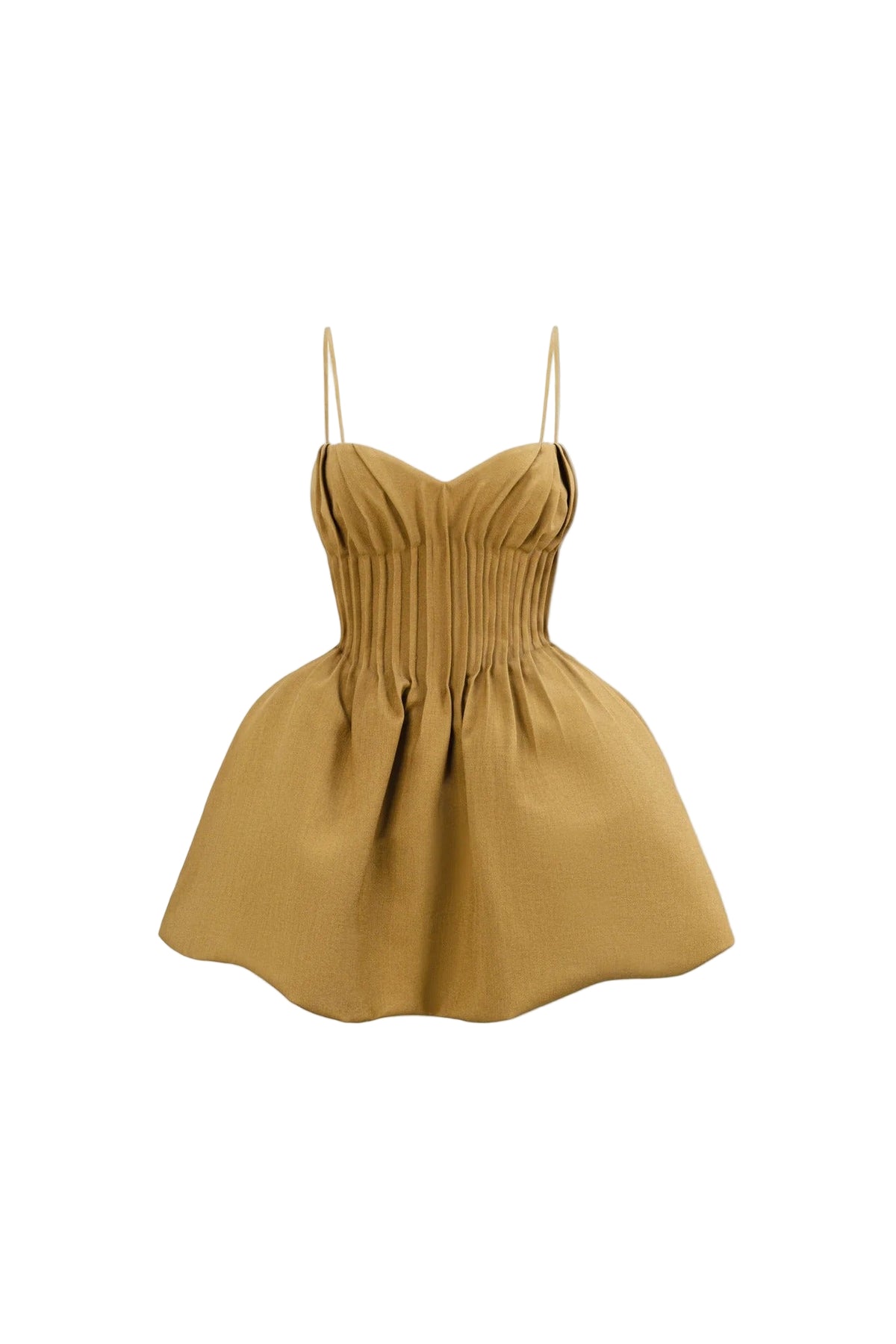 rita pleated slim puffy mini dress in camel