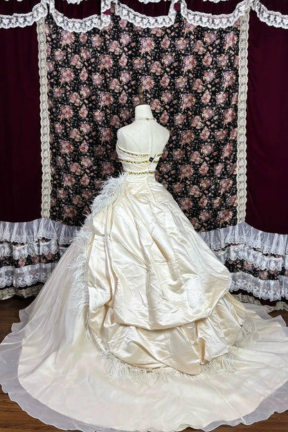 Cream Satin Ballgown Gown with Rhinestone Bodice and Feather Trim