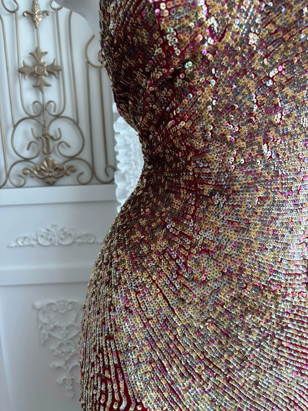 Red and Gold Sequined Mesh Column Gown