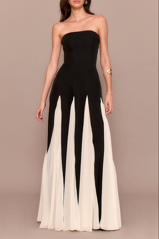 Black Bandeau Contrast Chiffon Pleated Maxi Dress