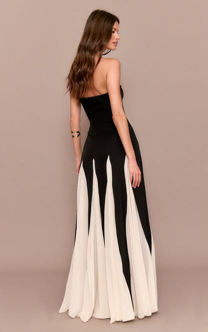 Black Bandeau Contrast Chiffon Pleated Maxi Dress