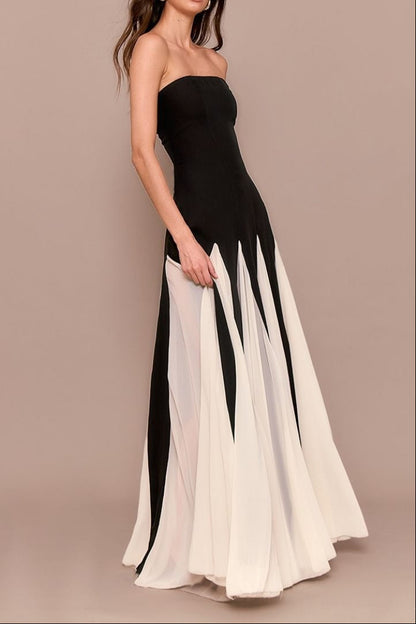 Black Bandeau Contrast Chiffon Pleated Maxi Dress