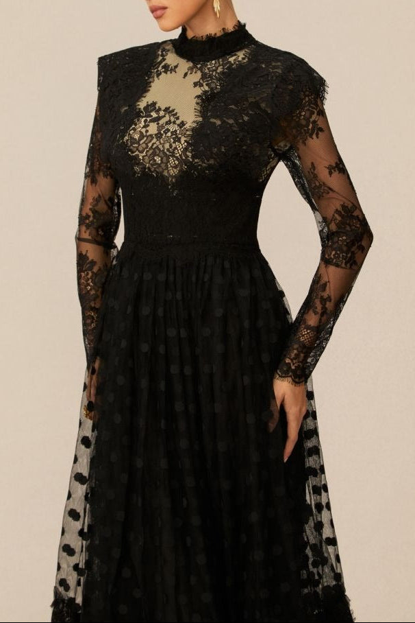 Elegant Enchantment Black Polka Dot Lace Maxi Dress