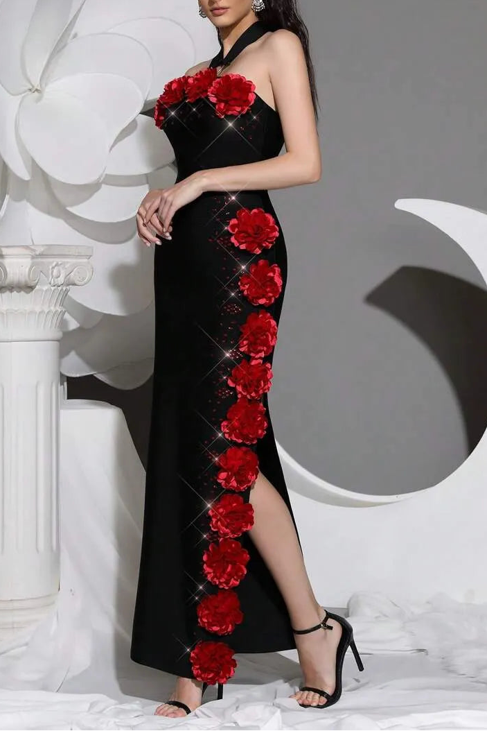 sebastiane Halterneck Flower Bandage Maxi Dress in black