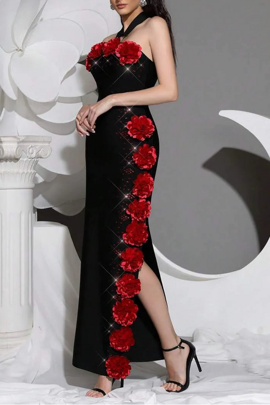 sebastiane Halterneck Flower Bandage Maxi Dress in black