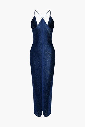 tassel rear slit halterneck dress