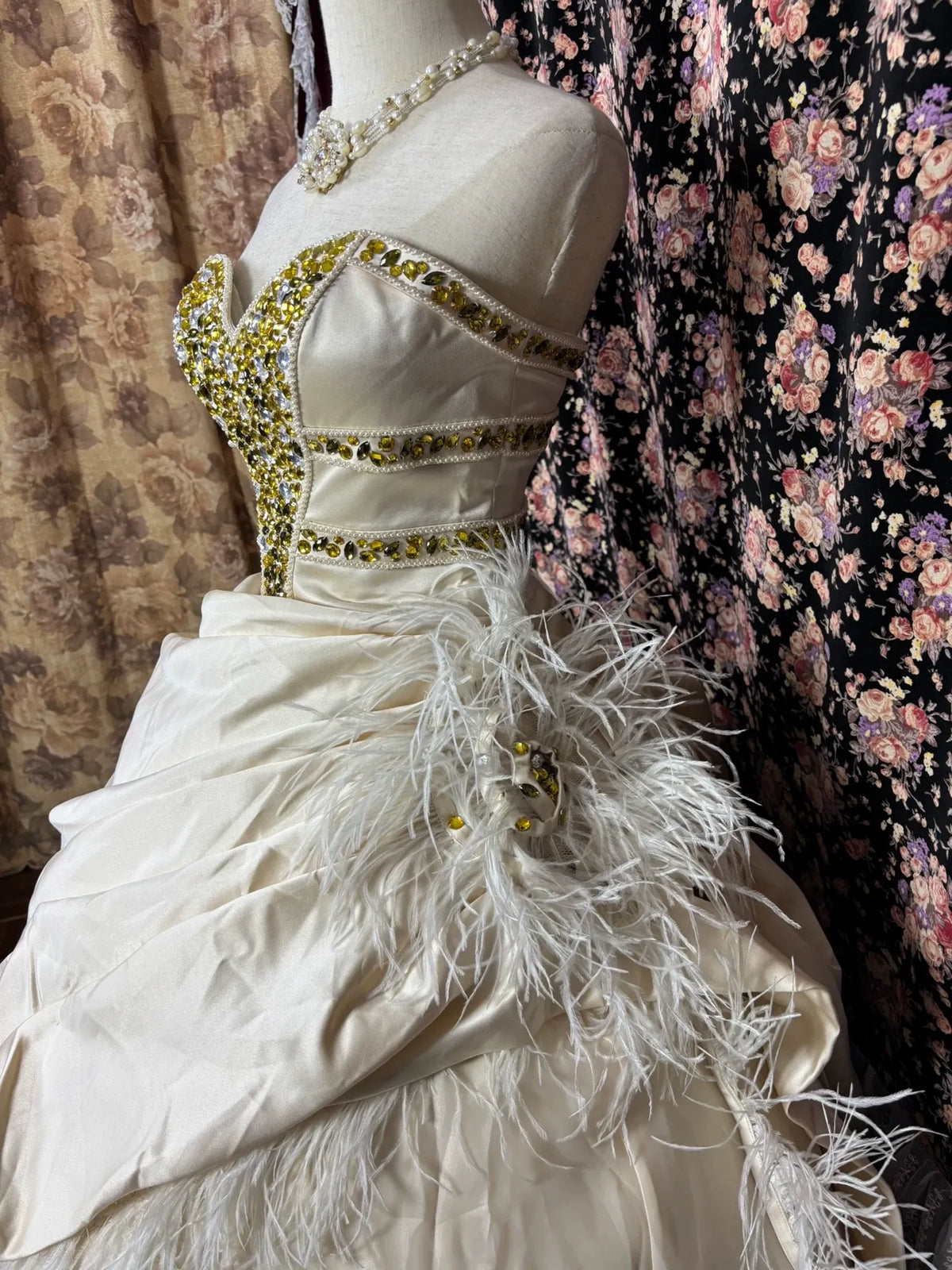 Cream Satin Ballgown Gown with Rhinestone Bodice and Feather Trim