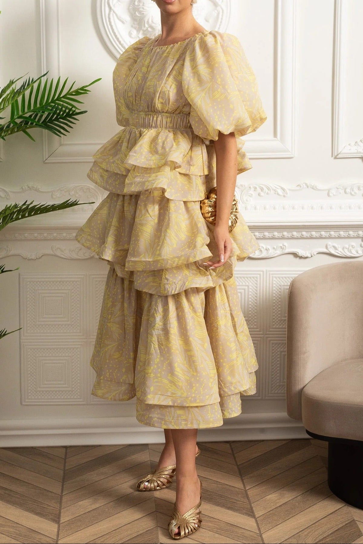 kristin Puff Sleeve Tiered Ruffle Midi Dress - Yellow