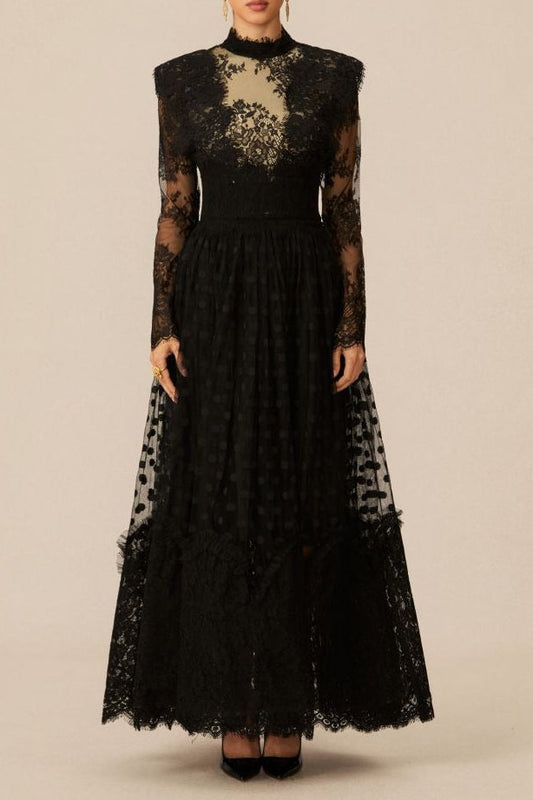 Elegant Enchantment Black Polka Dot Lace Maxi Dress
