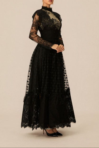 Elegant Enchantment Black Polka Dot Lace Maxi Dress